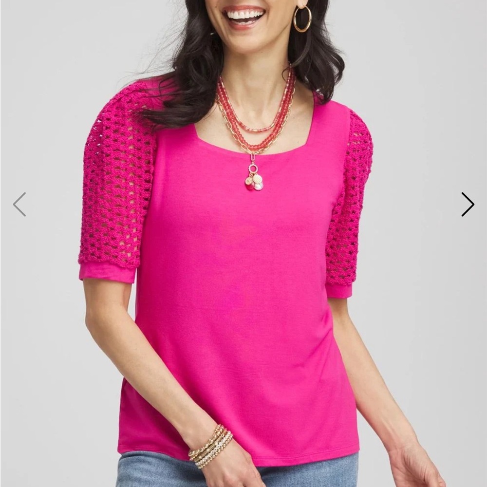CHICO’s Touch of Cool™ Crochet Lace Square-Neck Tee Crushed Berries